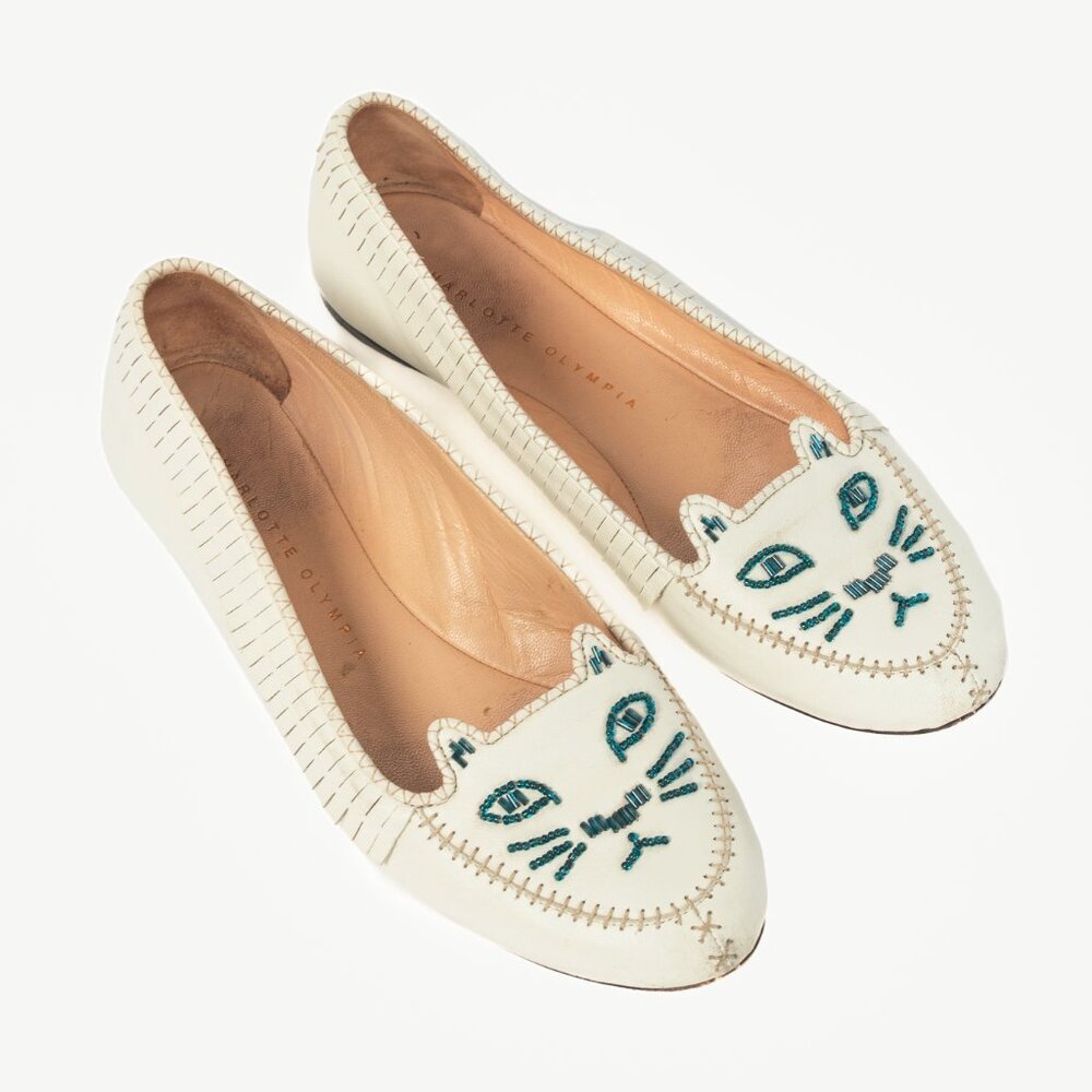 Charlotte Olympia Kitty White Leather Beaded Fringe Flats